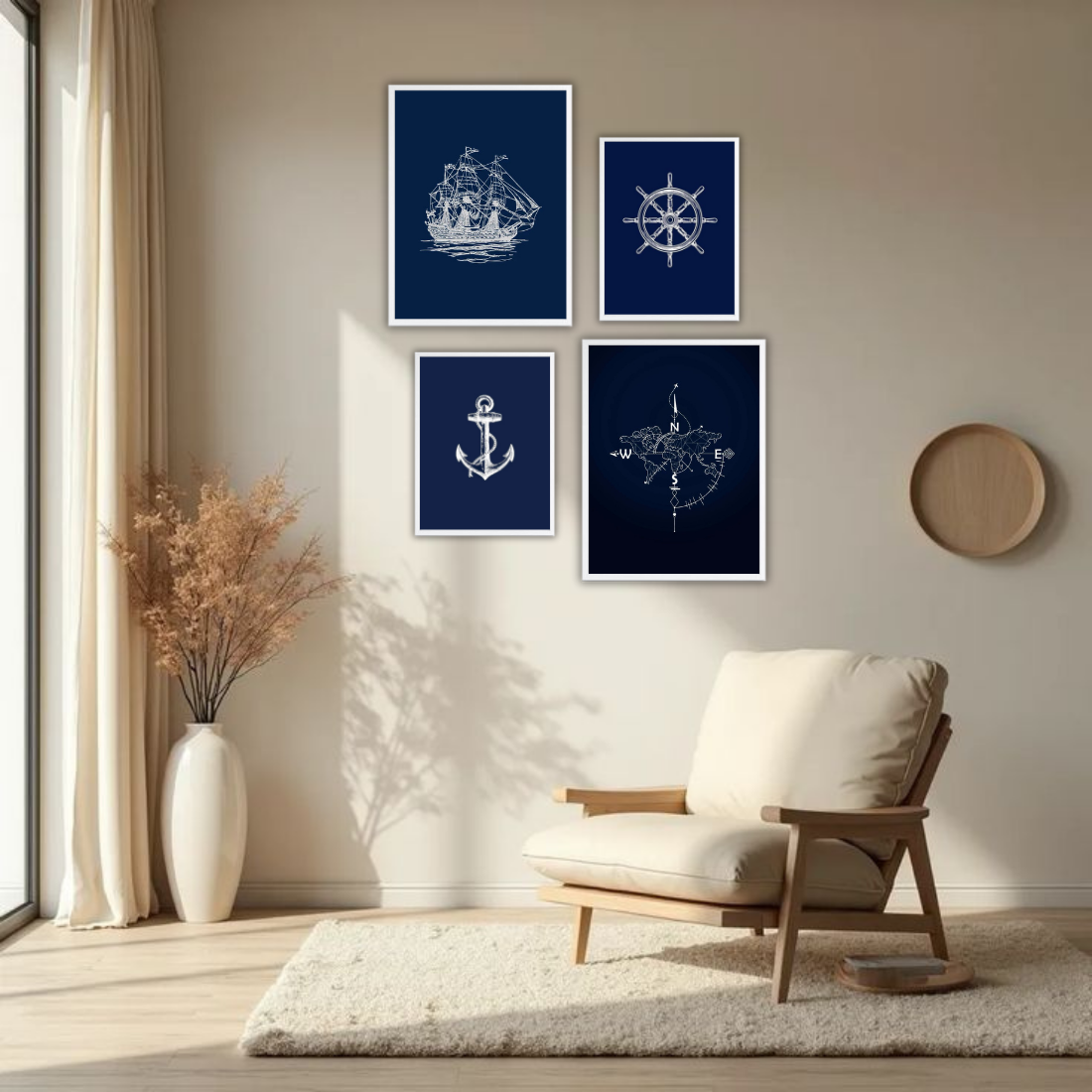 Nautical Navy Line Art Wall Frame Set – Set of 4 (2 Large 13×17" + 2 Medium 9×11") | Sailing Ship Anchor Compass Ship Wheel Art Prints | Beige, Black & White Frame