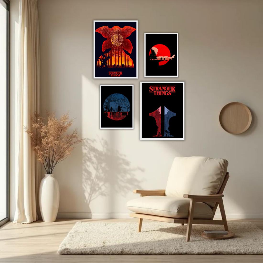 Stranger Things Poster Wall Frame Set – Set of 4 (2 Large 13×17" + 2 Medium 9×11") | Demogorgon Red Moon Hawkins Bike Fan Art Prints | Beige, Black & White Frame