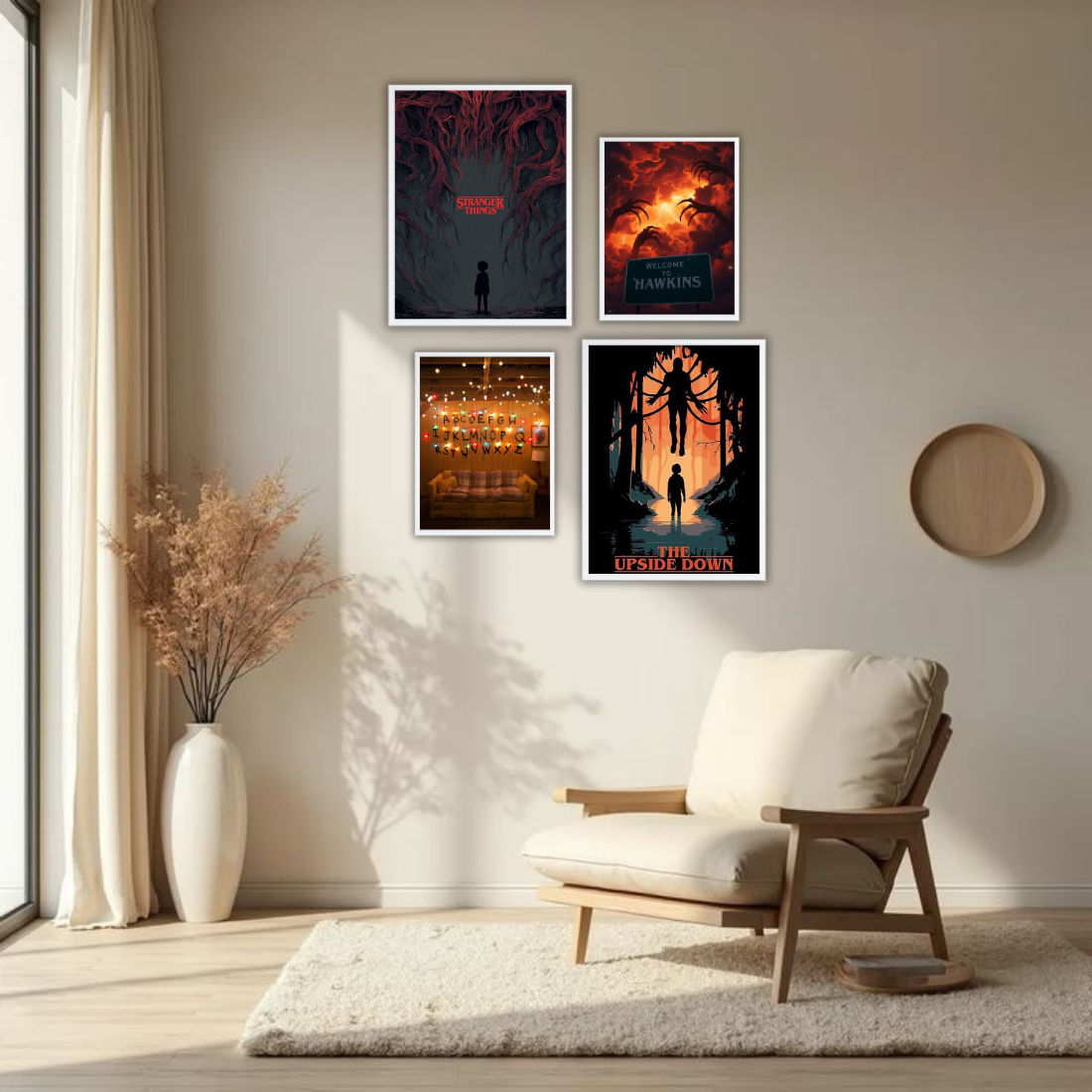 Stranger Things Wall Frame Set – Set of 4 (2 Large 13×17" + 2 Medium 9×11") | Upside Down Hawkins Mind Flayer Fan Art Prints | Beige, Black & White Frame