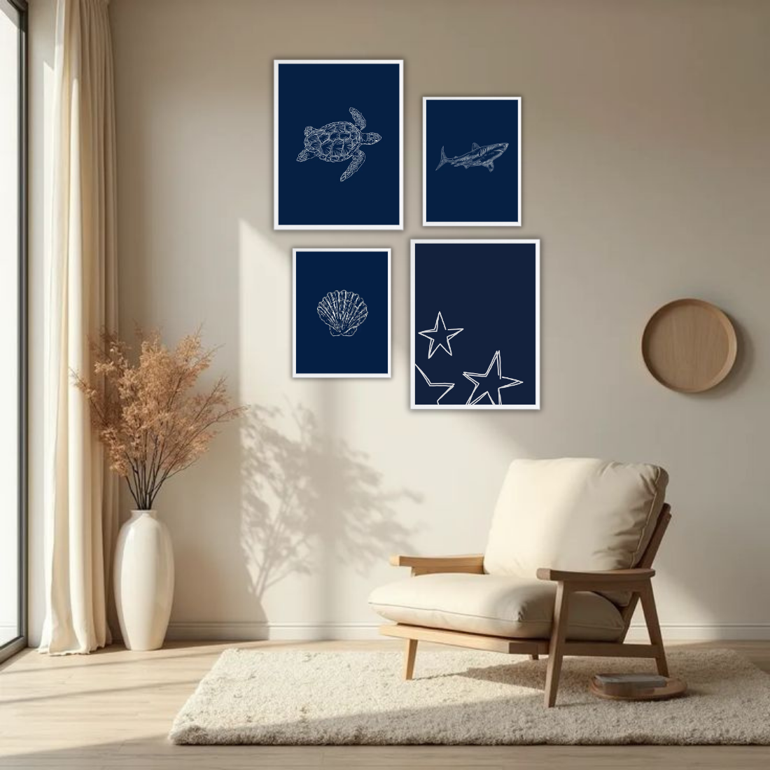 Navy Blue Ocean Line Art Wall Frame Set – Set of 4 (2 Large 13×17" + 2 Medium 9×11") | Turtle Shark Seashell Starfish Coastal Art Prints | Beige, Black & White Frame