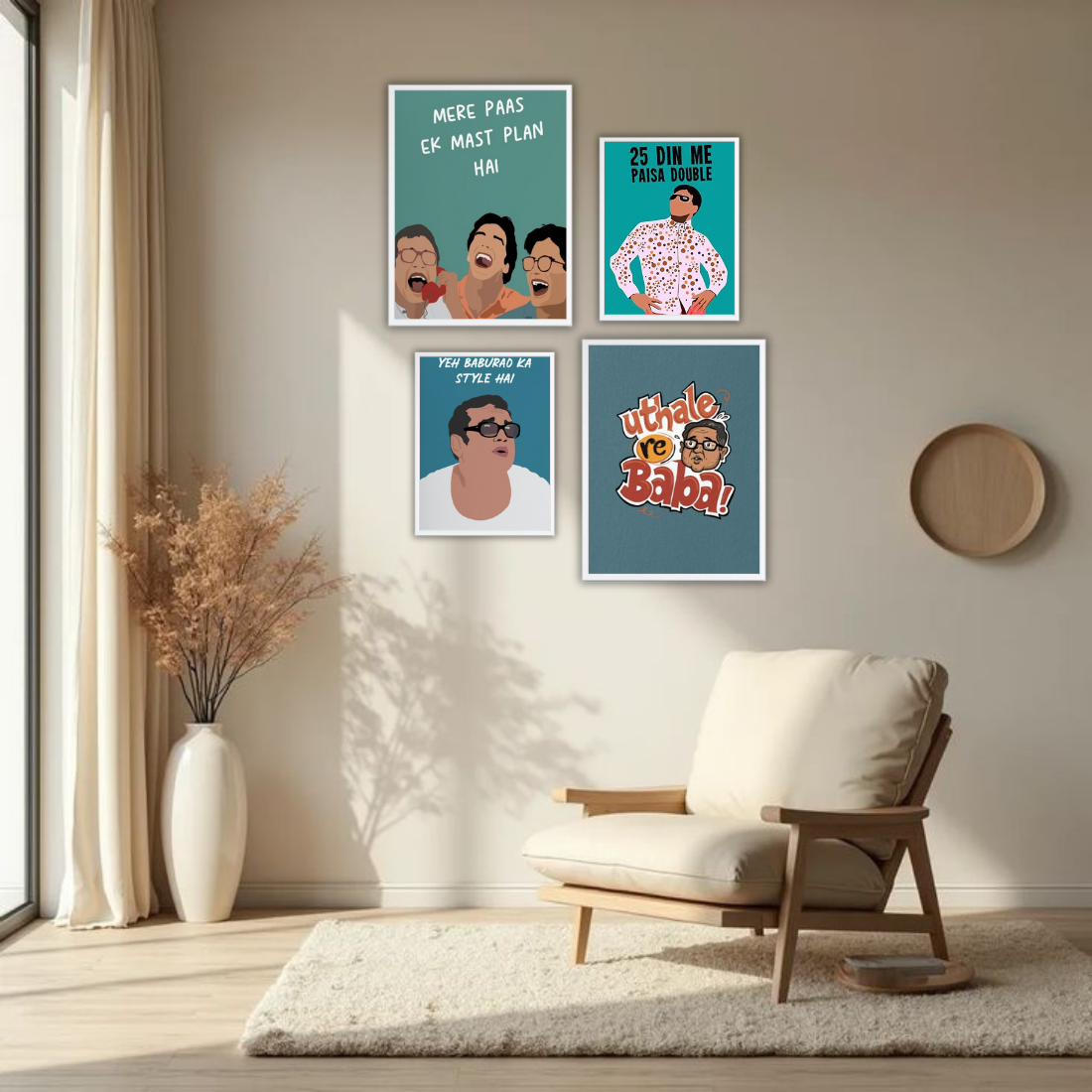 Hera Pheri Bollywood Wall Frame Set – Set of 4 (2 Large 13×17" + 2 Medium 9×11") | Baburao & Raju Meme Fan Art Prints for Bedroom, Living Room & Cafe | Beige, Black & White Frame