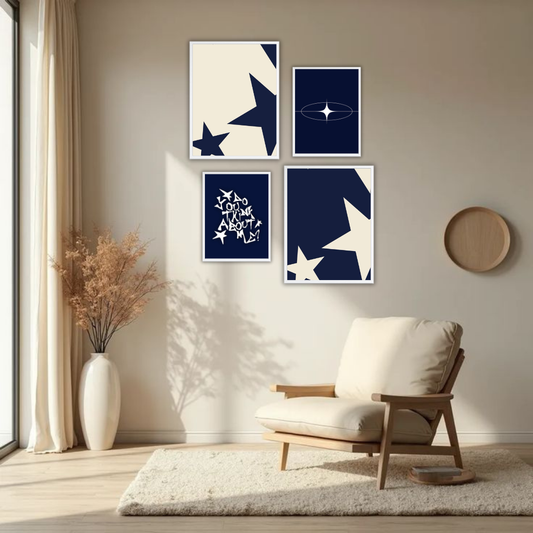 Navy Blue Y2K Star Aesthetic Wall Frame Set – Set of 4 (2 Large 13×17" + 2 Medium 9×11") | Do You Think About Me Coquette Star Art Prints | Beige, Black & White Frame