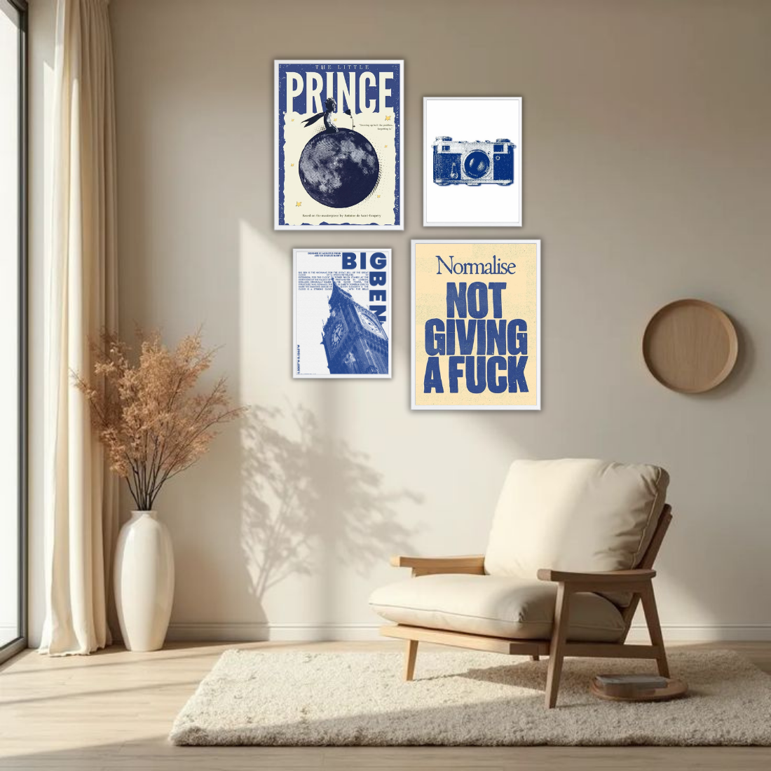 Blue Cream Eclectic Gallery Wall Frame Set – Set of 4 (2 Large 13×17" + 2 Medium 9×11") | Little Prince Big Ben Camera NGAF Art Prints | Beige, Black & White Frame