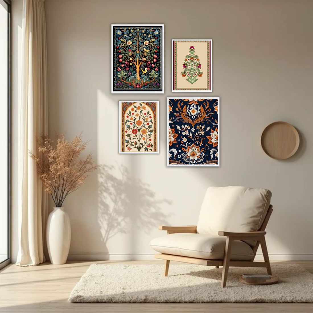 Mughal Wall Frame Set – Set of 4 (2 Large 13×17" + 2 Medium 9×11") | Royal Indian Botanical Art Prints | Beige, Black & White Frame