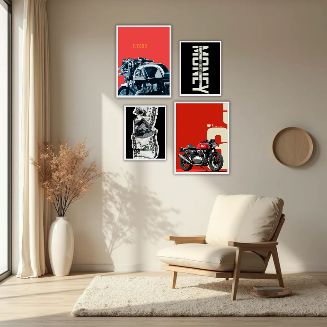 Royal Enfield Hustle Money Wall Frame Set – Set of 4 (2 Large 13×17" + 2 Medium 9×11") | Bike Lover Money Grind Poster Art Prints | Beige, Black & White Frame