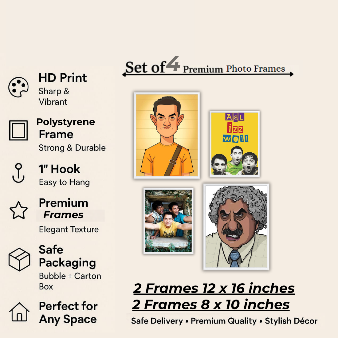 3 Idiots Bollywood Wall Frame Set – Set of 4 (2 Large 13×17" + 2 Medium 9×11") | Aal Izz Well Fan Art Prints for Bedroom, Living Room & Cafe | Beige, Black & White Frame