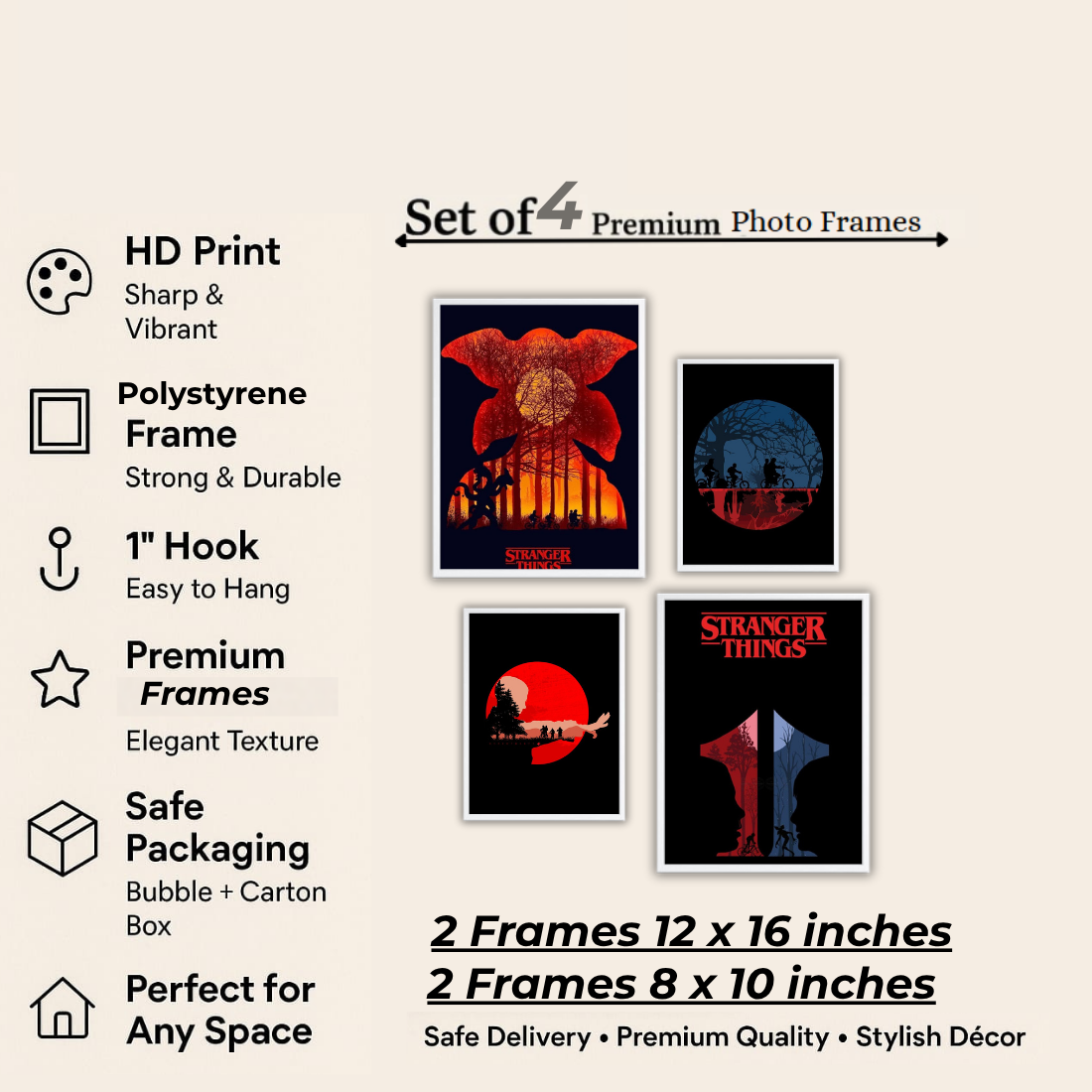 Stranger Things Poster Wall Frame Set – Set of 4 (2 Large 13×17" + 2 Medium 9×11") | Demogorgon Red Moon Hawkins Bike Fan Art Prints | Beige, Black & White Frame