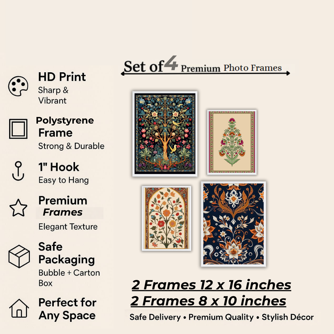 Mughal Wall Frame Set – Set of 4 (2 Large 13×17" + 2 Medium 9×11") | Royal Indian Botanical Art Prints | Beige, Black & White Frame