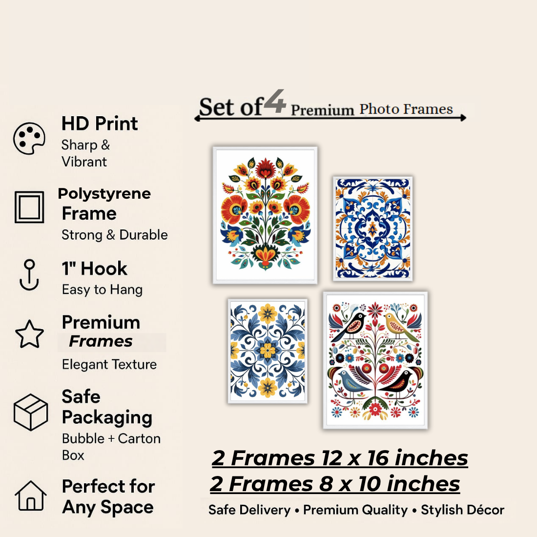 Folk Art Floral Tile Wall Frame Set – Set of 4 (2 Large 13×17" + 2 Medium 9×11") | Colourful Ethnic Botanical Prints | Beige, Black & White Frame