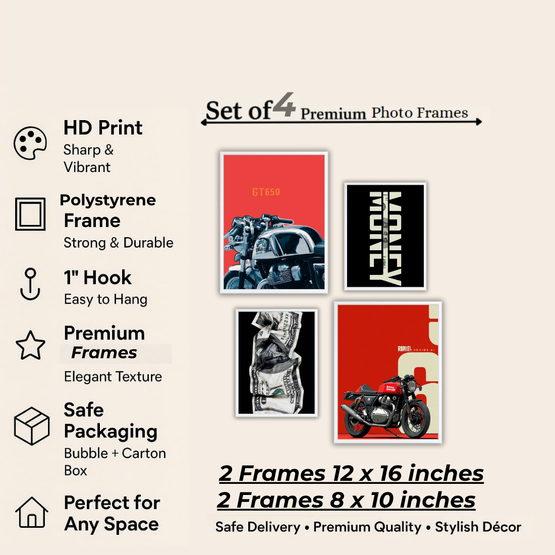 Royal Enfield Hustle Money Wall Frame Set – Set of 4 (2 Large 13×17" + 2 Medium 9×11") | Bike Lover Money Grind Poster Art Prints | Beige, Black & White Frame