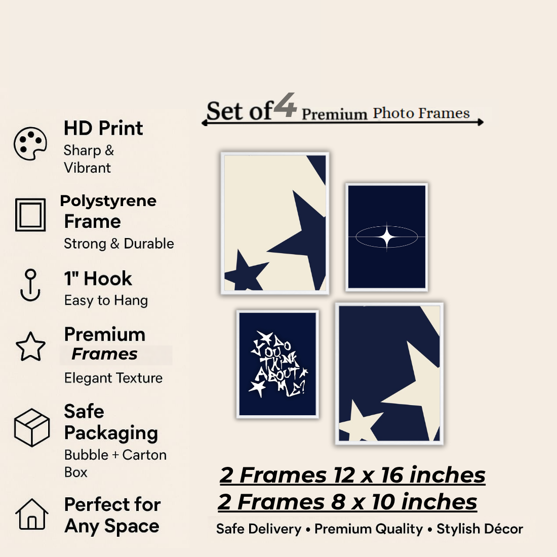 Navy Blue Y2K Star Aesthetic Wall Frame Set – Set of 4 (2 Large 13×17" + 2 Medium 9×11") | Do You Think About Me Coquette Star Art Prints | Beige, Black & White Frame