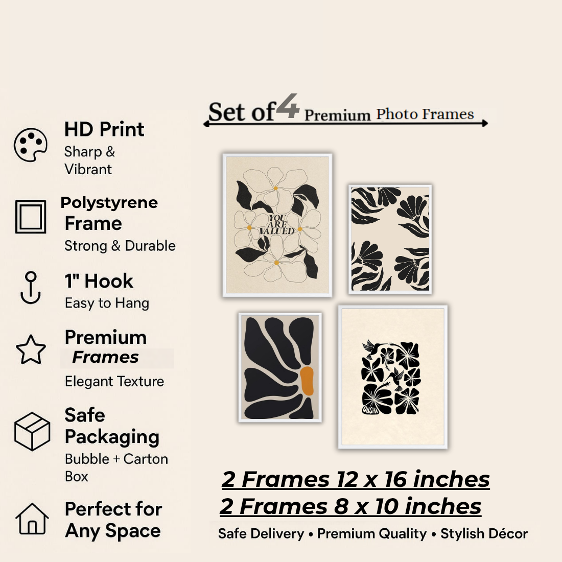 Matisse Black Cream Botanical Wall Frame Set – Set of 4 (2 Large 13×17" + 2 Medium 9×11") | You Are Valued Abstract Floral Art Prints | Beige, Black & White Frame