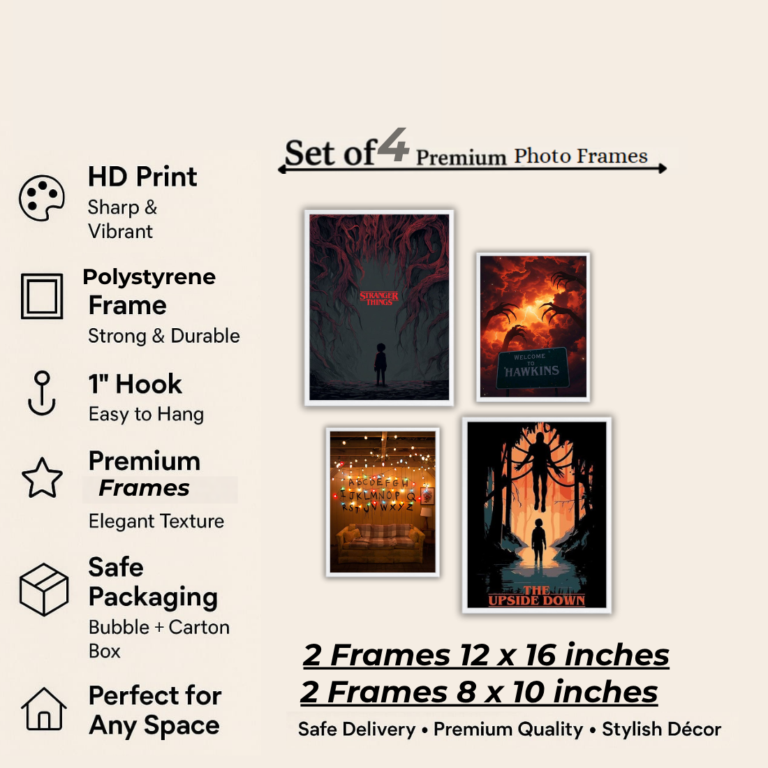 Stranger Things Wall Frame Set – Set of 4 (2 Large 13×17" + 2 Medium 9×11") | Upside Down Hawkins Mind Flayer Fan Art Prints | Beige, Black & White Frame
