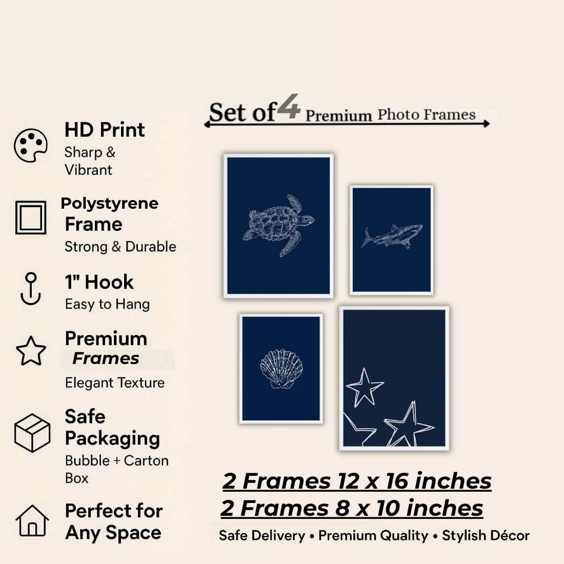 Navy Blue Ocean Line Art Wall Frame Set – Set of 4 (2 Large 13×17" + 2 Medium 9×11") | Turtle Shark Seashell Starfish Coastal Art Prints | Beige, Black & White Frame