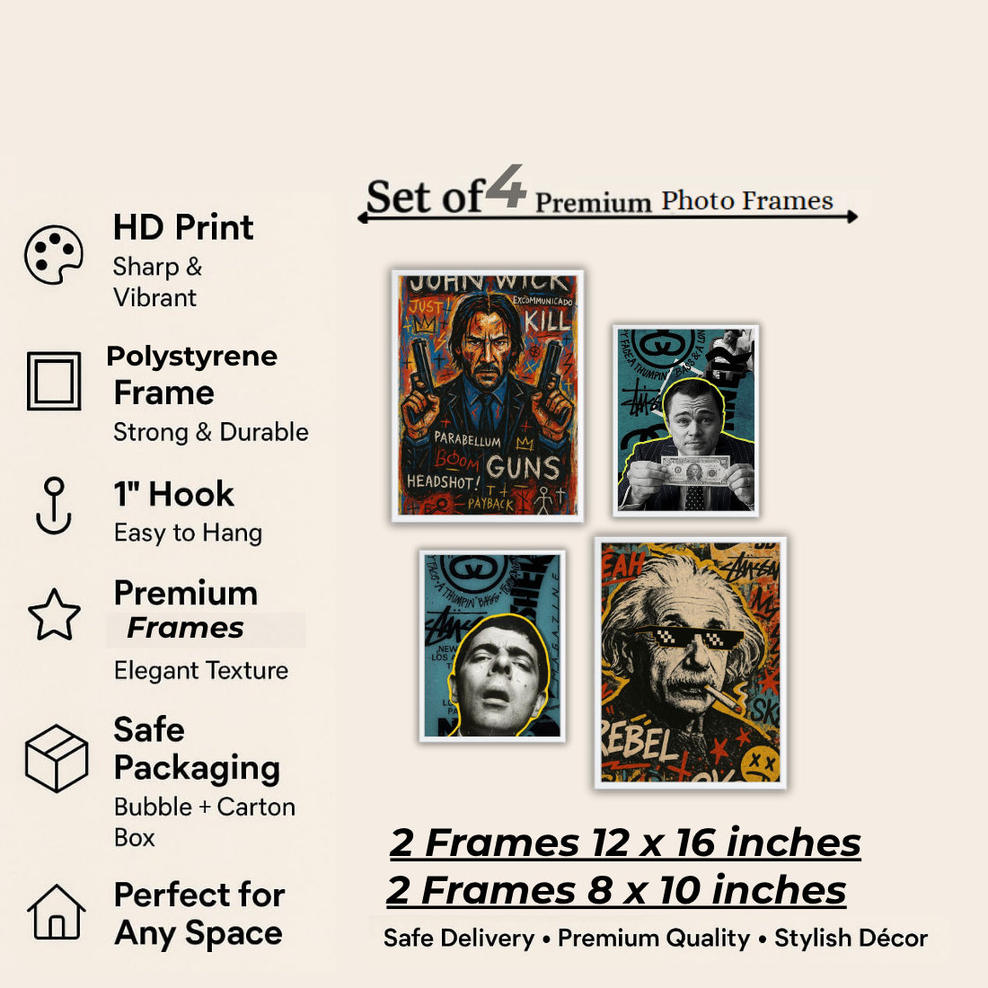 Pop Art Graffiti Icons Wall Frame Set – Set of 4 (2 Large 13×17" + 2 Medium 9×11") | John Wick Einstein DiCaprio Scarface Street Art Prints | Beige, Black & White Frame