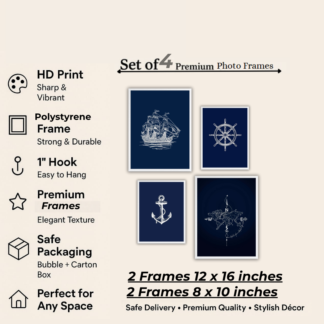 Nautical Navy Line Art Wall Frame Set – Set of 4 (2 Large 13×17" + 2 Medium 9×11") | Sailing Ship Anchor Compass Ship Wheel Art Prints | Beige, Black & White Frame