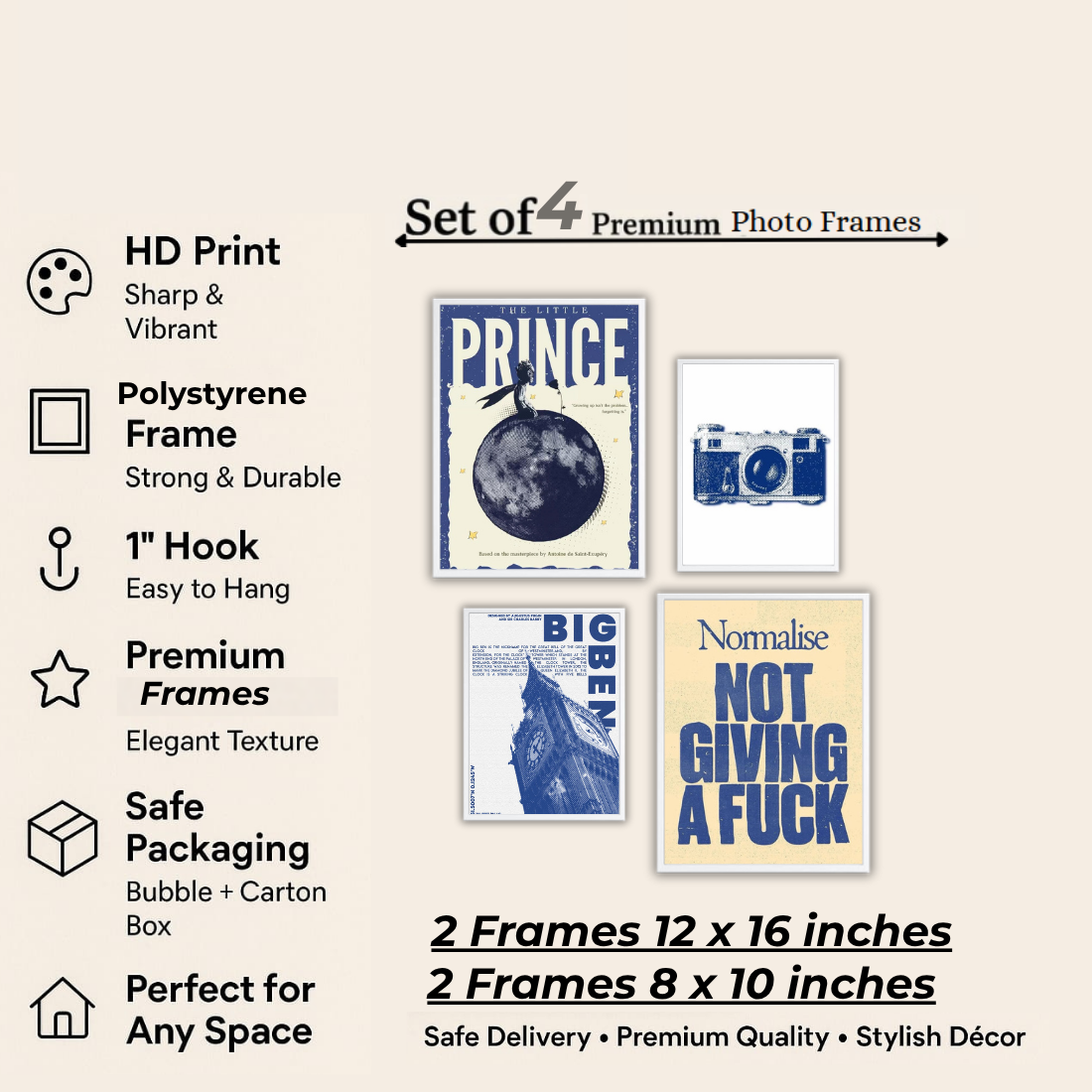 Blue Cream Eclectic Gallery Wall Frame Set – Set of 4 (2 Large 13×17" + 2 Medium 9×11") | Little Prince Big Ben Camera NGAF Art Prints | Beige, Black & White Frame