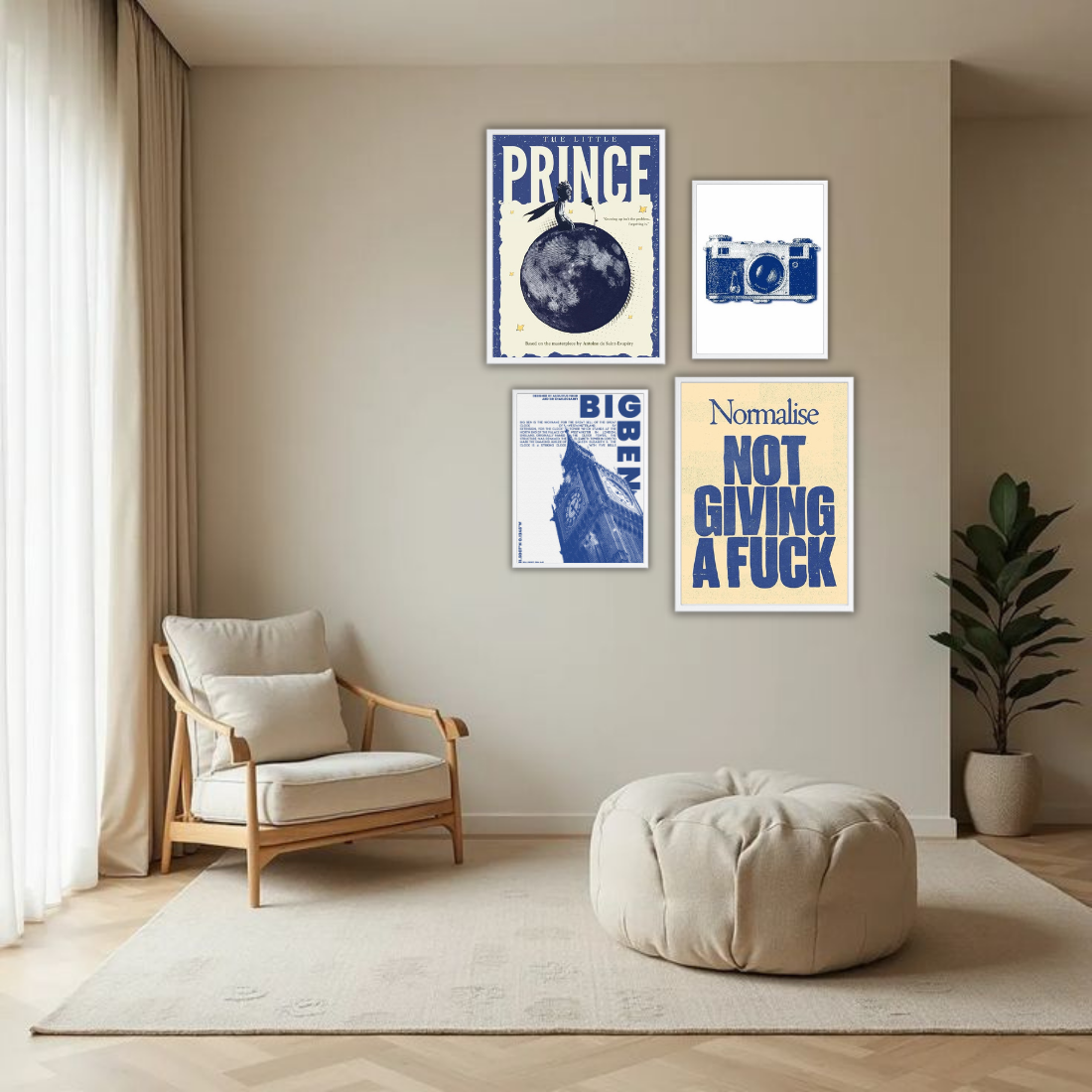 Blue Cream Eclectic Gallery Wall Frame Set – Set of 4 (2 Large 13×17" + 2 Medium 9×11") | Little Prince Big Ben Camera NGAF Art Prints | Beige, Black & White Frame