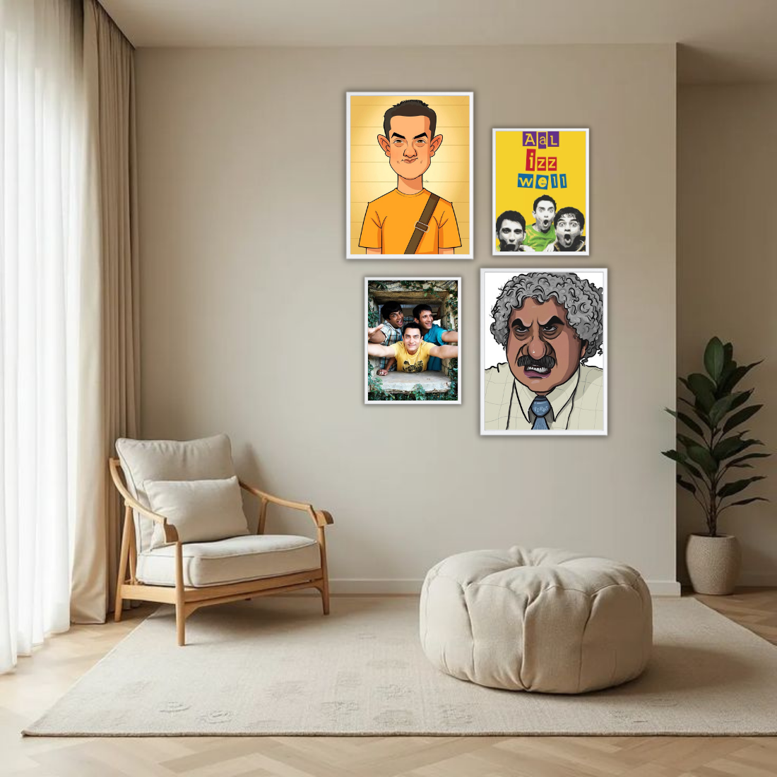 3 Idiots Bollywood Wall Frame Set – Set of 4 (2 Large 13×17" + 2 Medium 9×11") | Aal Izz Well Fan Art Prints for Bedroom, Living Room & Cafe | Beige, Black & White Frame