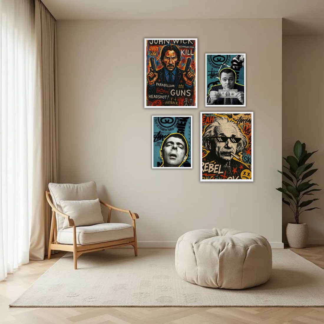 Pop Art Graffiti Icons Wall Frame Set – Set of 4 (2 Large 13×17" + 2 Medium 9×11") | John Wick Einstein DiCaprio Scarface Street Art Prints | Beige, Black & White Frame