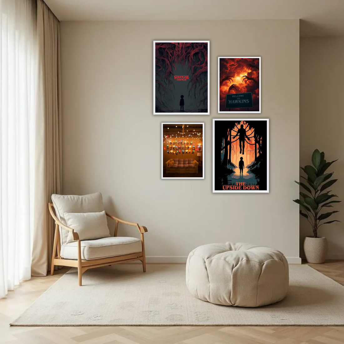 Stranger Things Wall Frame Set – Set of 4 (2 Large 13×17" + 2 Medium 9×11") | Upside Down Hawkins Mind Flayer Fan Art Prints | Beige, Black & White Frame
