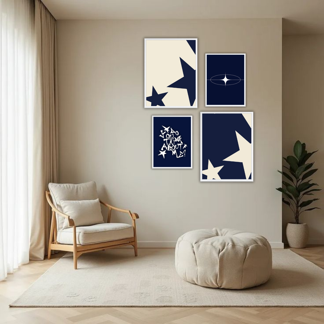 Navy Blue Y2K Star Aesthetic Wall Frame Set – Set of 4 (2 Large 13×17" + 2 Medium 9×11") | Do You Think About Me Coquette Star Art Prints | Beige, Black & White Frame