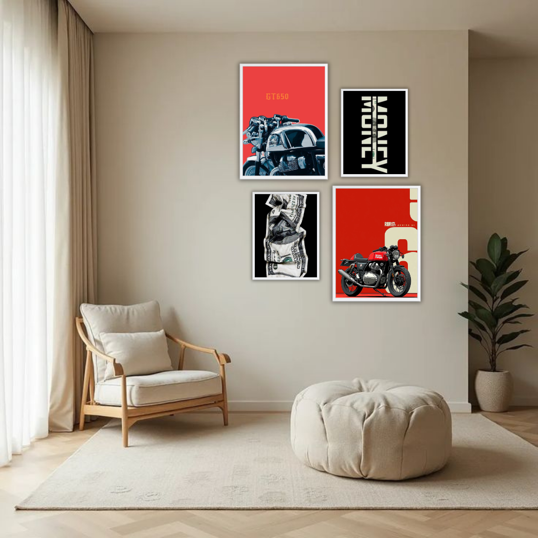 Royal Enfield Hustle Money Wall Frame Set – Set of 4 (2 Large 13×17" + 2 Medium 9×11") | Bike Lover Money Grind Poster Art Prints | Beige, Black & White Frame