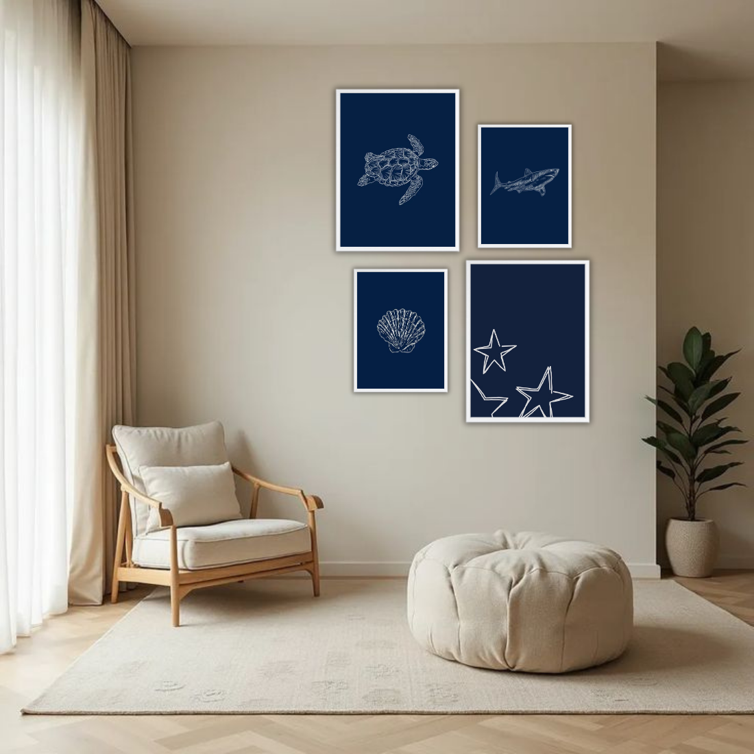 Navy Blue Ocean Line Art Wall Frame Set – Set of 4 (2 Large 13×17" + 2 Medium 9×11") | Turtle Shark Seashell Starfish Coastal Art Prints | Beige, Black & White Frame