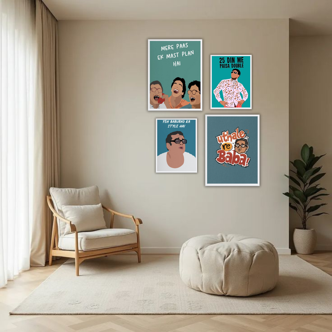 Hera Pheri Bollywood Wall Frame Set – Set of 4 (2 Large 13×17" + 2 Medium 9×11") | Baburao & Raju Meme Fan Art Prints for Bedroom, Living Room & Cafe | Beige, Black & White Frame