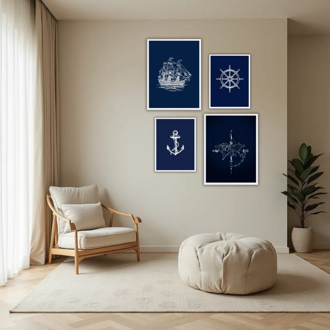 Nautical Navy Line Art Wall Frame Set – Set of 4 (2 Large 13×17" + 2 Medium 9×11") | Sailing Ship Anchor Compass Ship Wheel Art Prints | Beige, Black & White Frame