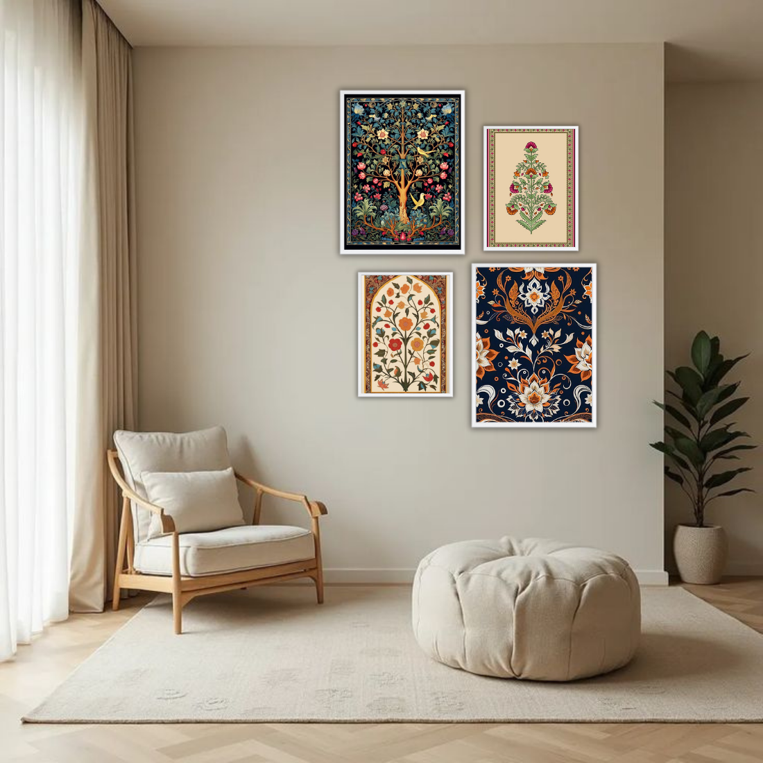 Mughal Wall Frame Set – Set of 4 (2 Large 13×17" + 2 Medium 9×11") | Royal Indian Botanical Art Prints | Beige, Black & White Frame