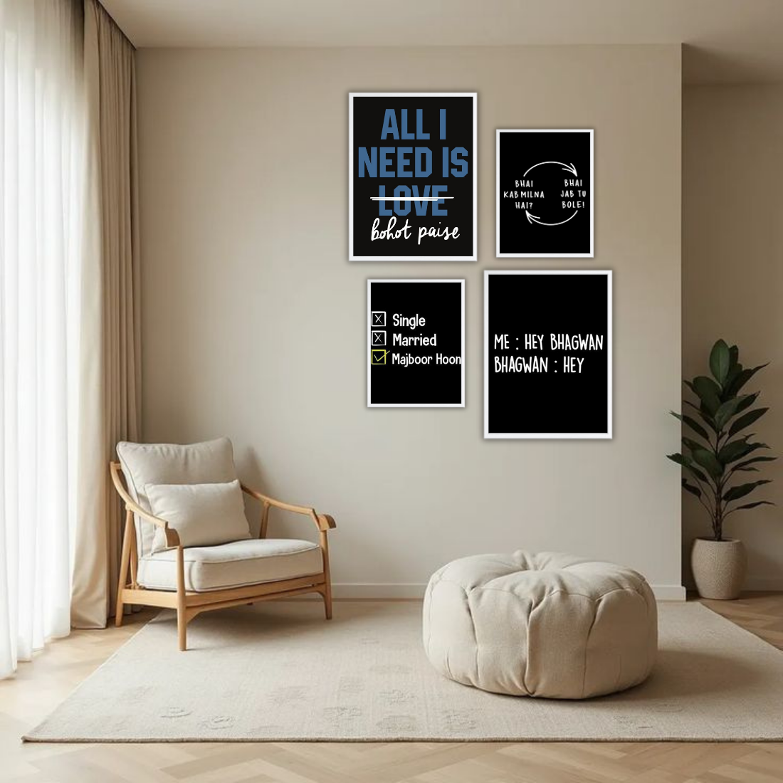 Desi Meme Humour Wall Frame Set – Set of 4 (2 Large 13×17" + 2 Medium 9×11") | Funny Hindi Quotes Bohot Paise Bhai Majboor Hoon Art Prints | Beige, Black & White Frame