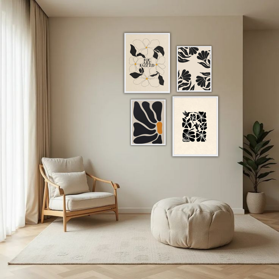 Matisse Black Cream Botanical Wall Frame Set – Set of 4 (2 Large 13×17" + 2 Medium 9×11") | You Are Valued Abstract Floral Art Prints | Beige, Black & White Frame