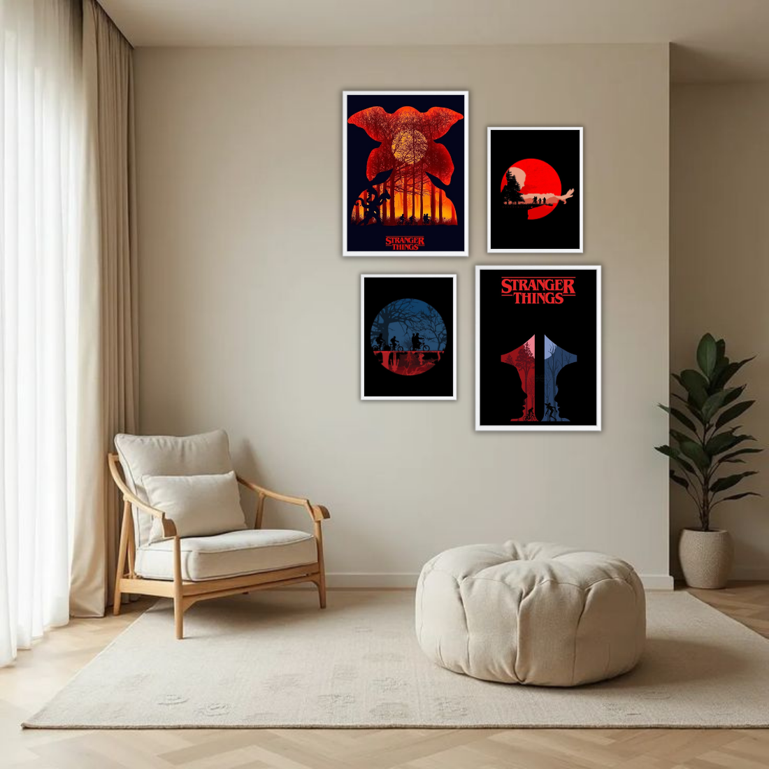Stranger Things Poster Wall Frame Set – Set of 4 (2 Large 13×17" + 2 Medium 9×11") | Demogorgon Red Moon Hawkins Bike Fan Art Prints | Beige, Black & White Frame
