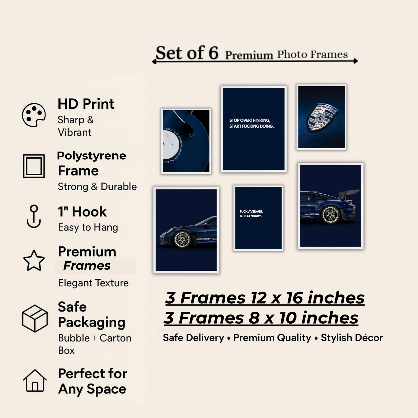 Luxury Hustle Wall Frame Set – Set of 6 (3 Large 13×17" + 3 Small 9×11") | Motivational & Car Aesthetic Wall Decor for Bedroom & Office