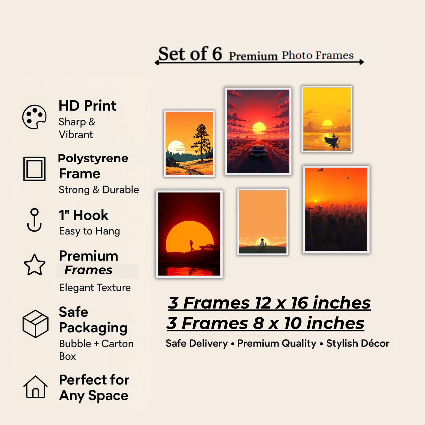 Sunset Vibes Wall Frame Set – Set of 6 (3 Large 13×17" + 3 Small 9×11") | Aesthetic Sunset Art Prints for Bedroom & Living Room
