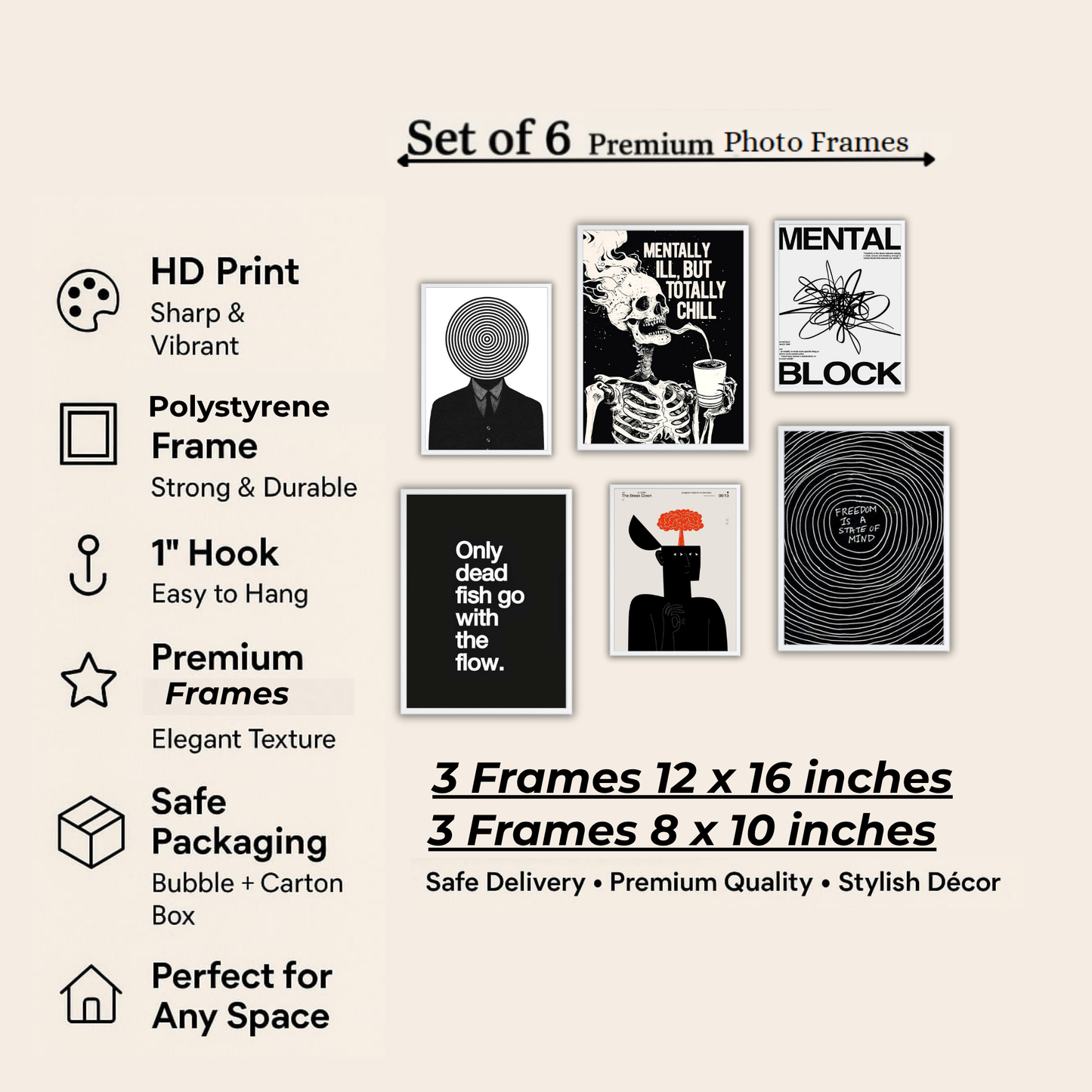 Dark Aesthetic Wall Frame Set – Set of 6 (3 Large 13×17" + 3 Small 9×11") | Mindset & Mental Health Art Prints for Bedroom & Living Room