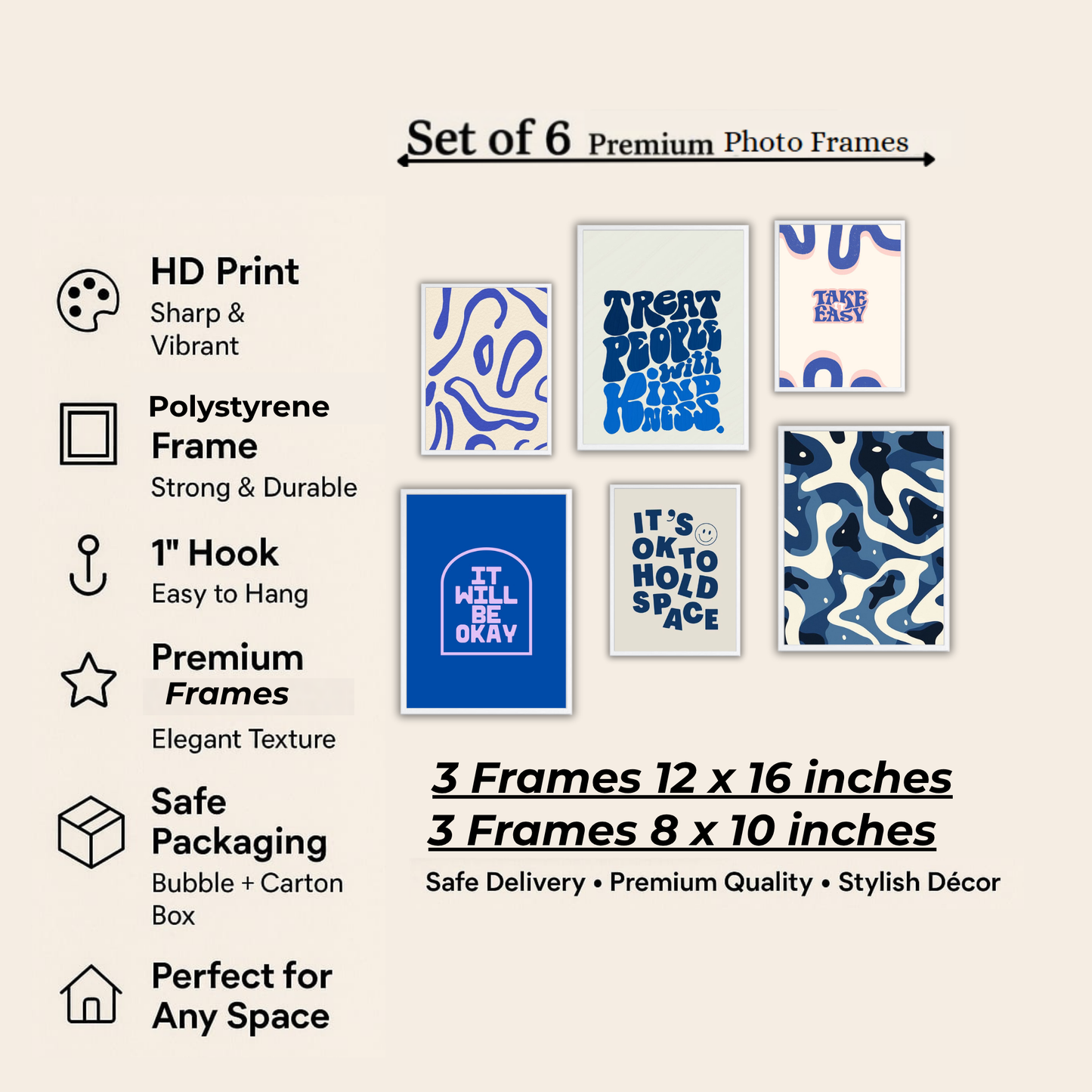 Blue Aesthetic Wall Frame Set – Set of 6 (3 Large 13×17" + 3 Small 9×11") | Kindness & Positivity Art Prints for Bedroom & Living Room