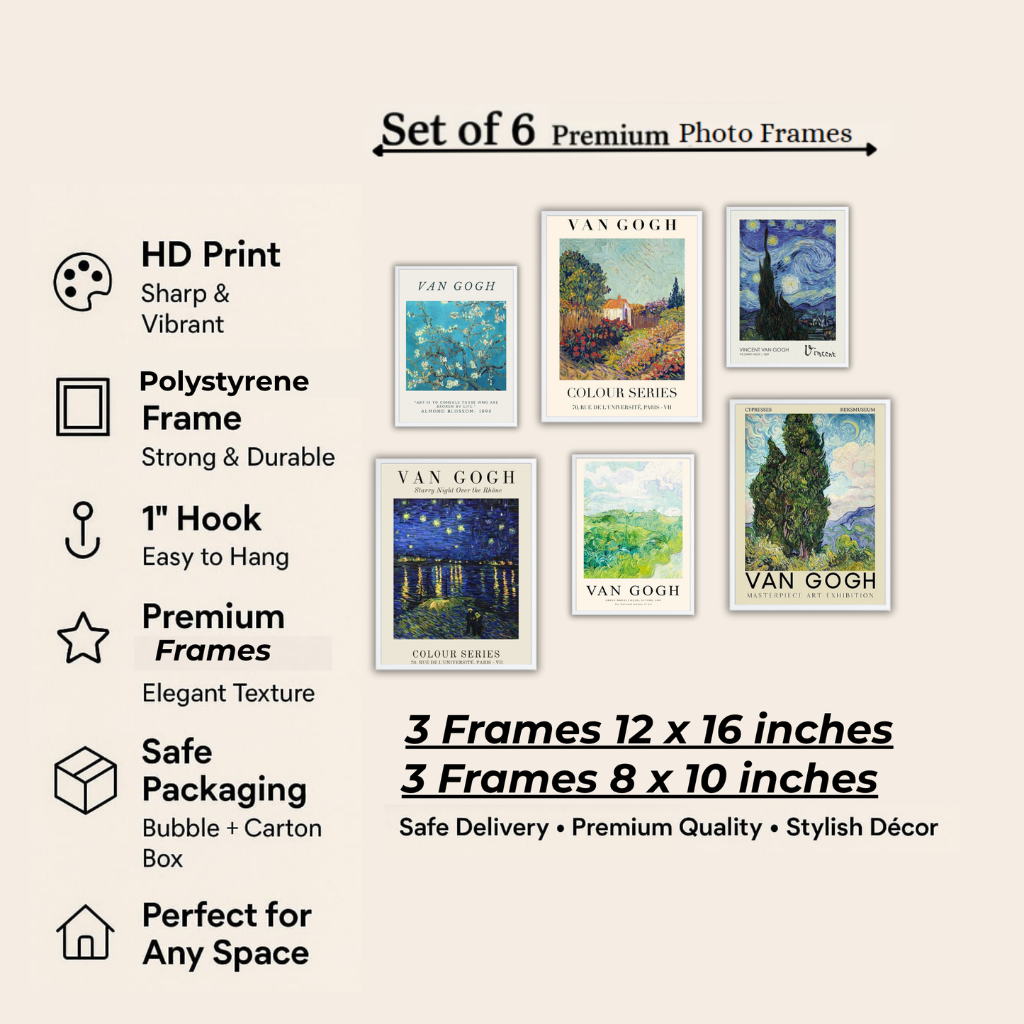 Van Gogh Masterpiece Wall Frame Set – Set of 6 (3 Large 13×17" + 3 Small 9×11") | Classic Fine Art Exhibition Prints for Bedroom, Living Room & Office