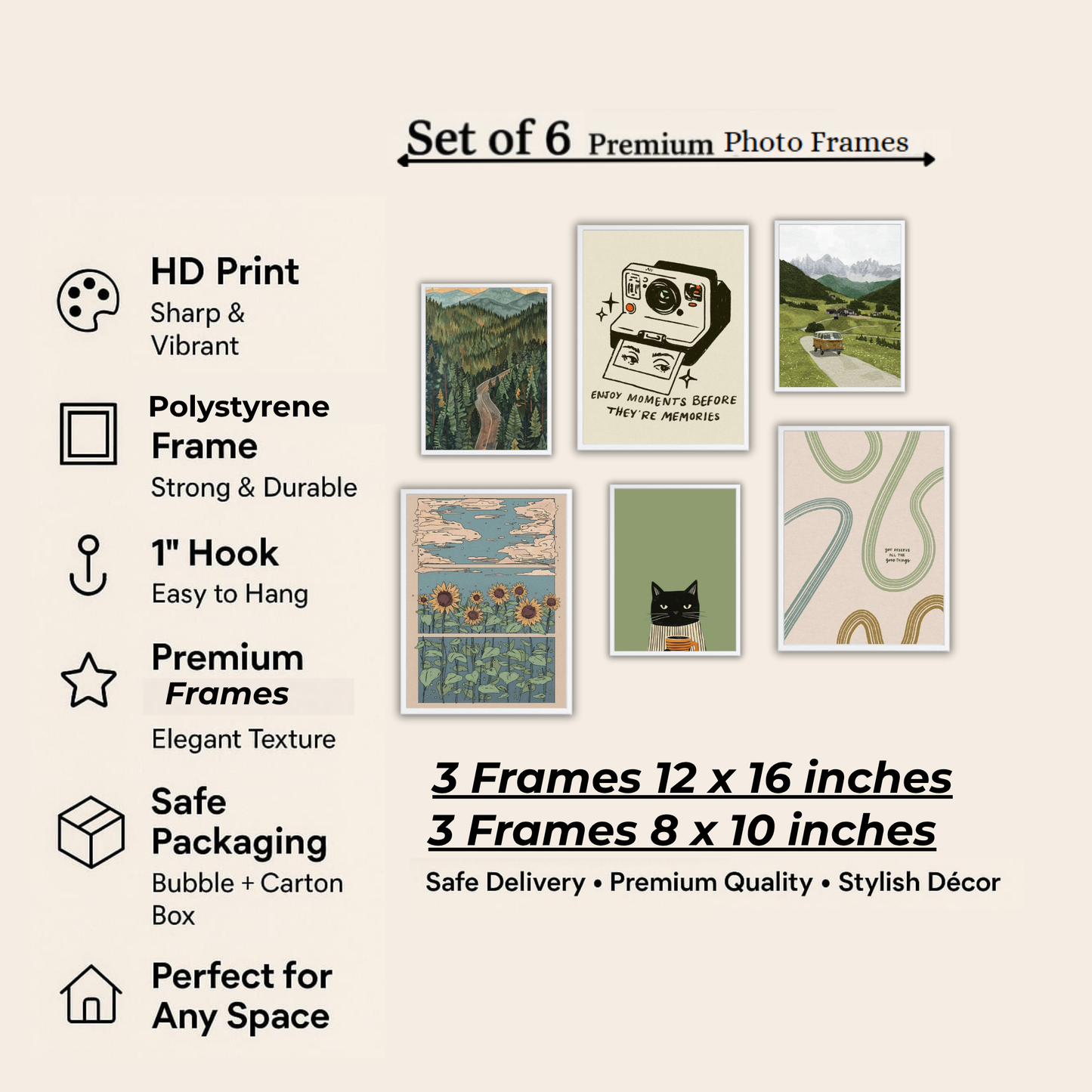 Vintage Nature Wanderlust Wall Frame Set – Set of 6 (3 Large 13×17" + 3 Small 9×11") | Retro Travel & Cottagecore Art Prints for Bedroom & Living Room