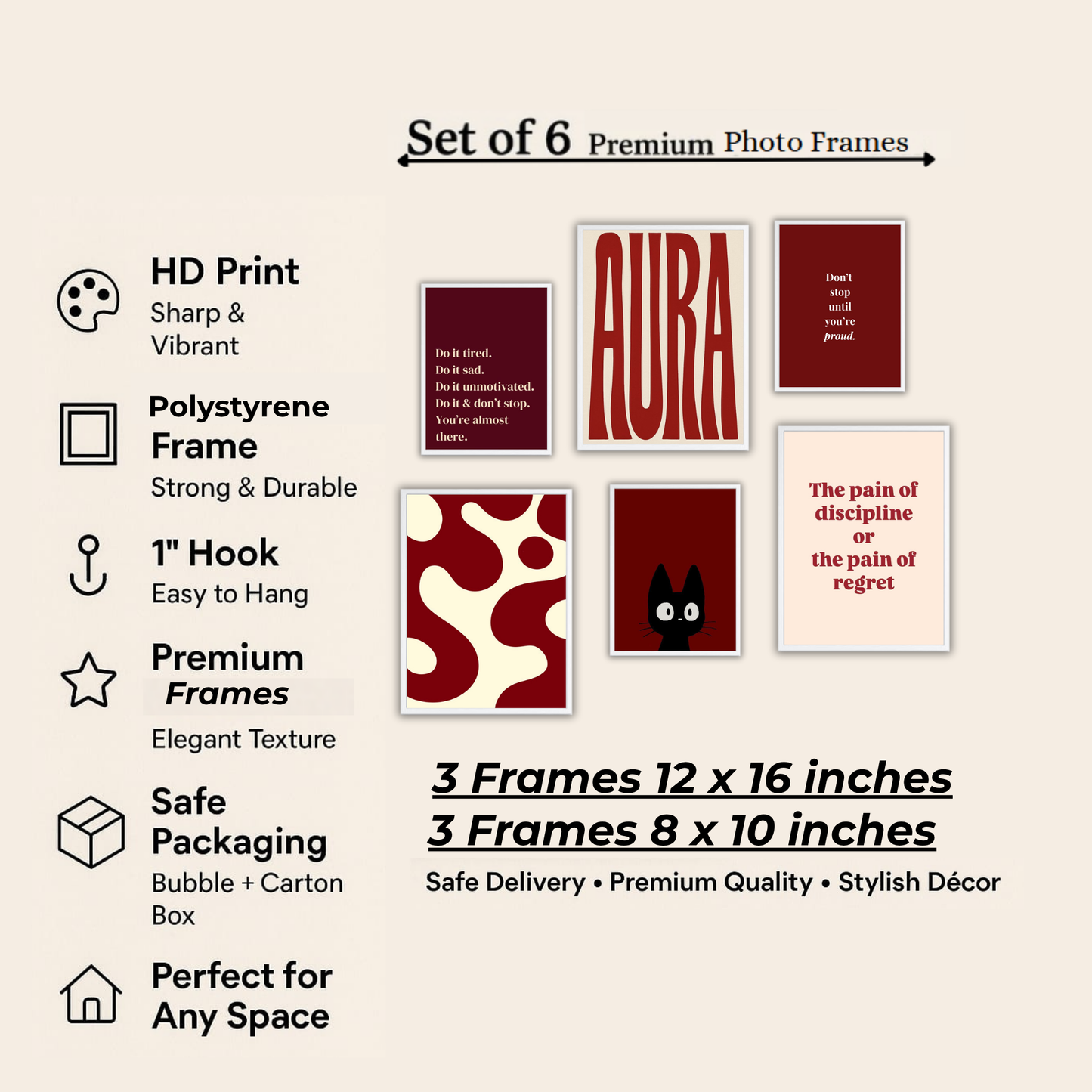 AURA Dark Red Aesthetic Wall Frame Set – Set of 6 (3 Large 13×17" + 3 Small 9×11") | Motivational Art Prints for Bedroom & Living Room
