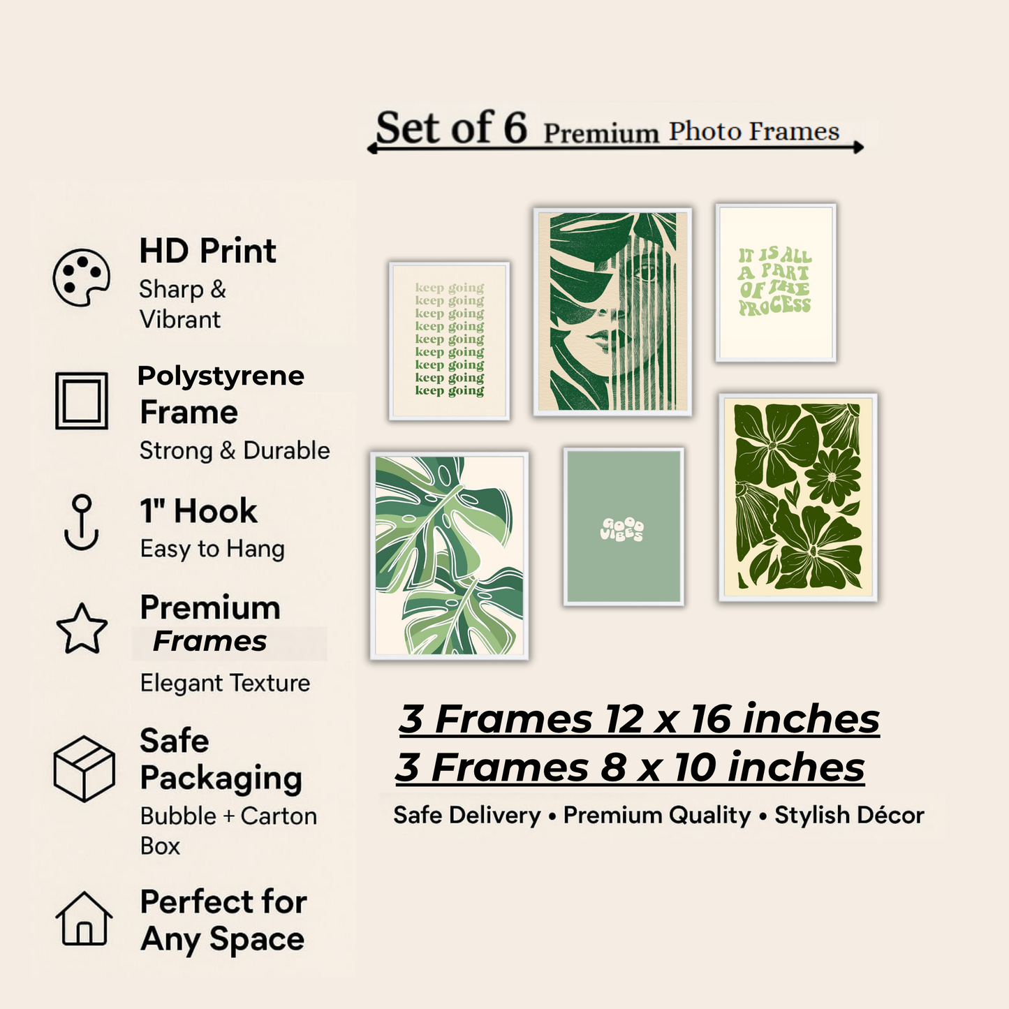 Dark Green Botanical Wall Frame Set – Set of 6 (3 Large 13×17" + 3 Small 9×11") | Keep Going & Good Vibes Nature Art Prints for Bedroom & Living Room