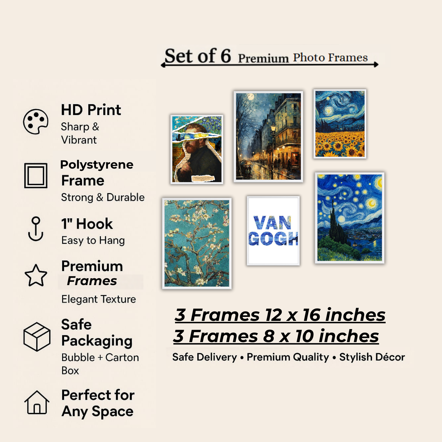Van Gogh Bold Art Wall Frame Set – Set of 6 (3 Large 13×17" + 3 Small 9×11") | Starry Night & Sunflowers Classic Art Prints for Bedroom & Living Room