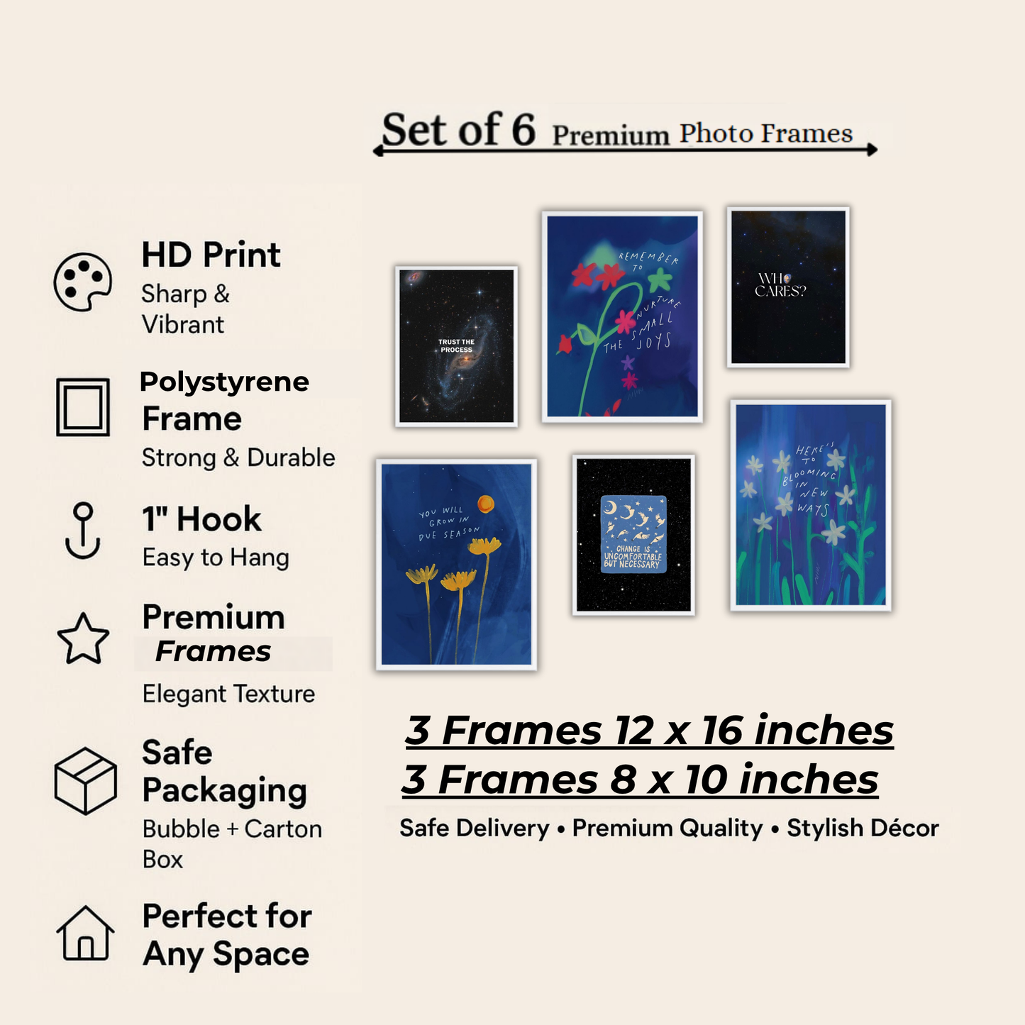 Bloom & Grow Wall Frame Set – Set of 6 (3 Large 13×17" + 3 Small 9×11") | Deep Blue Botanical Growth Art Prints for Bedroom & Living Room