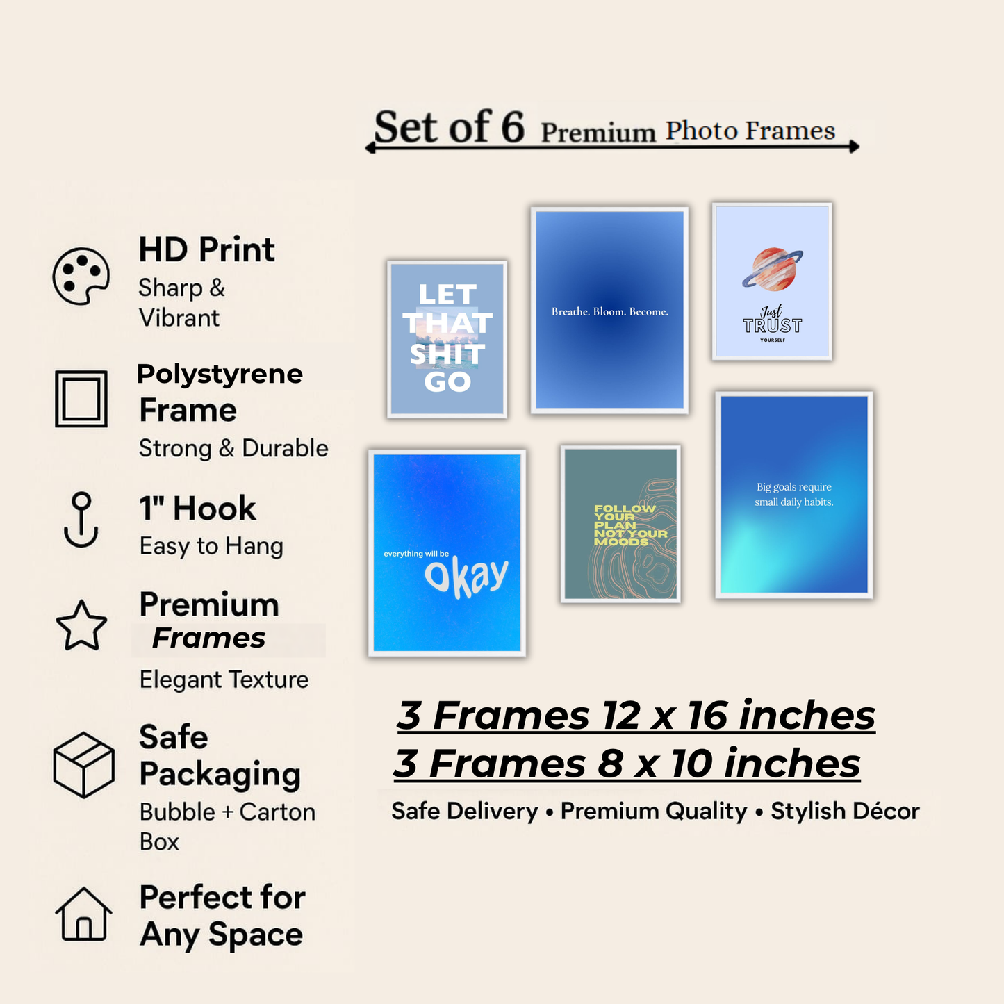Blue Gradient Mindset Wall Frame Set – Set of 6 (3 Large 13×17" + 3 Small 9×11") | Self-Trust & Motivational Art Prints for Bedroom & Living Room