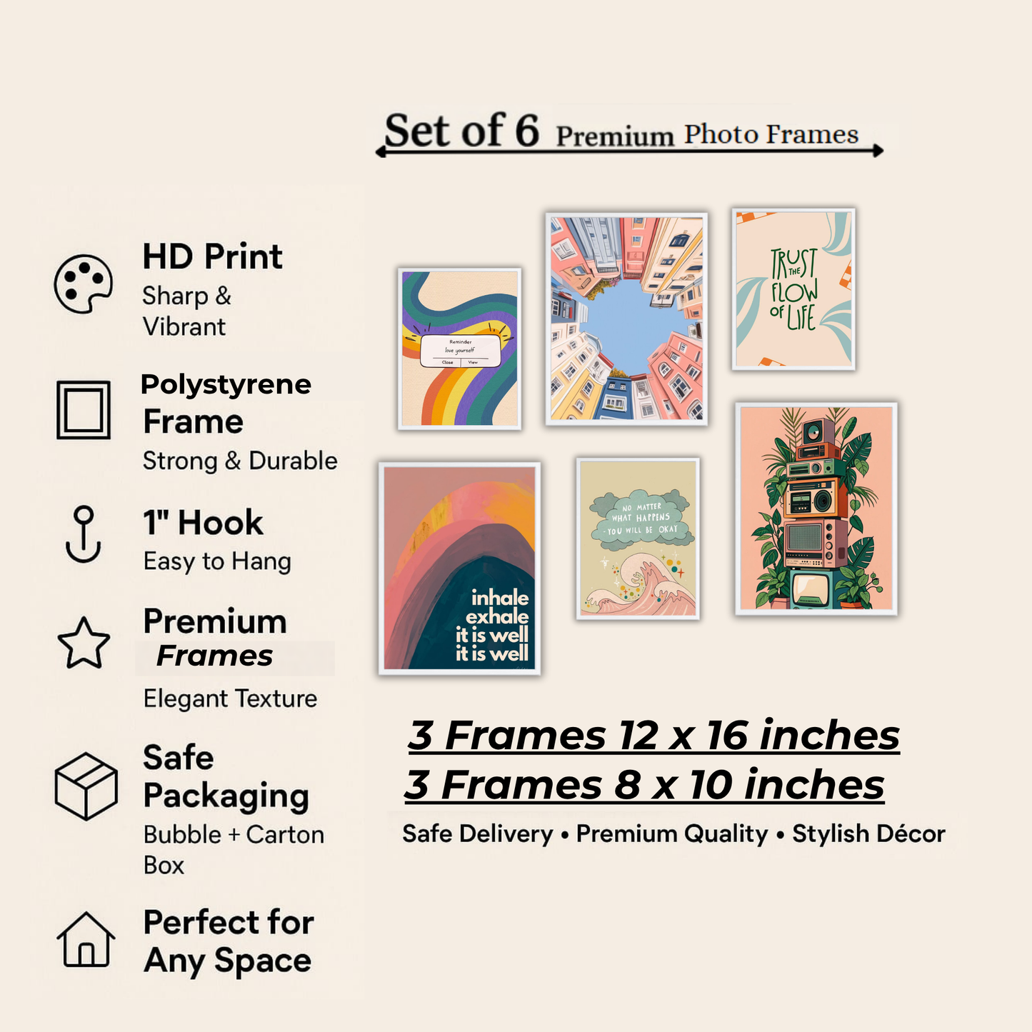 Retro Rainbow Boho Wall Frame Set – Set of 6 (3 Large 13×17" + 3 Small 9×11") | Colourful Aesthetic & Mindfulness Art Prints for Bedroom & Living Room