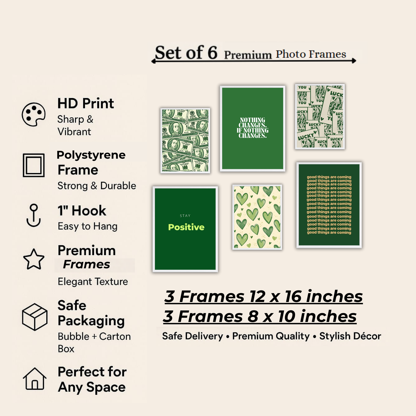 Green Abundance Wall Frame Set – Set of 6 (3 Large 13×17" + 3 Small 9×11") | Lucky & Positivity Art Prints for Bedroom & Living Room