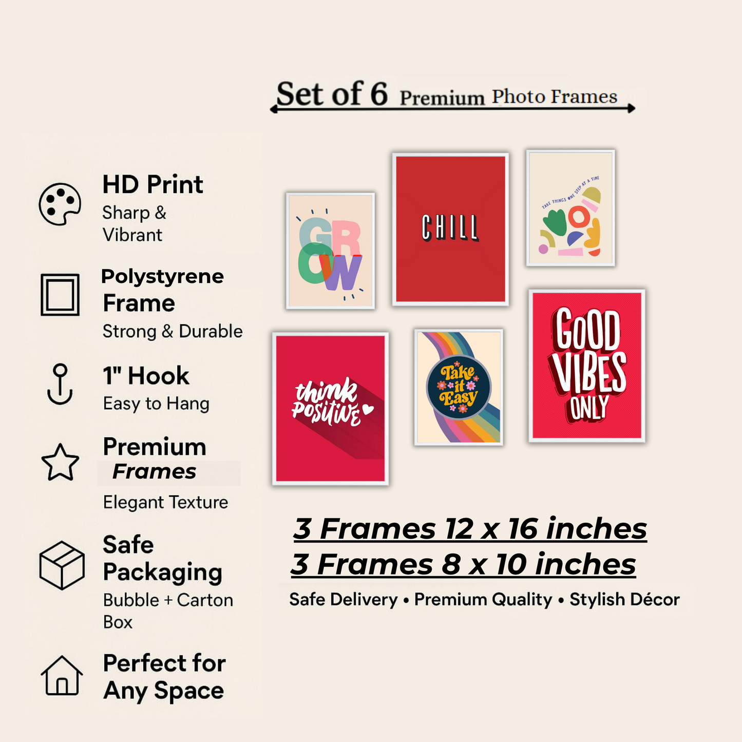 Good Vibes Only Wall Frame Set – Set of 6 (3 Large 13×17" + 3 Small 9×11") | Positive & Chill Aesthetic Art Prints for Bedroom & Living Room