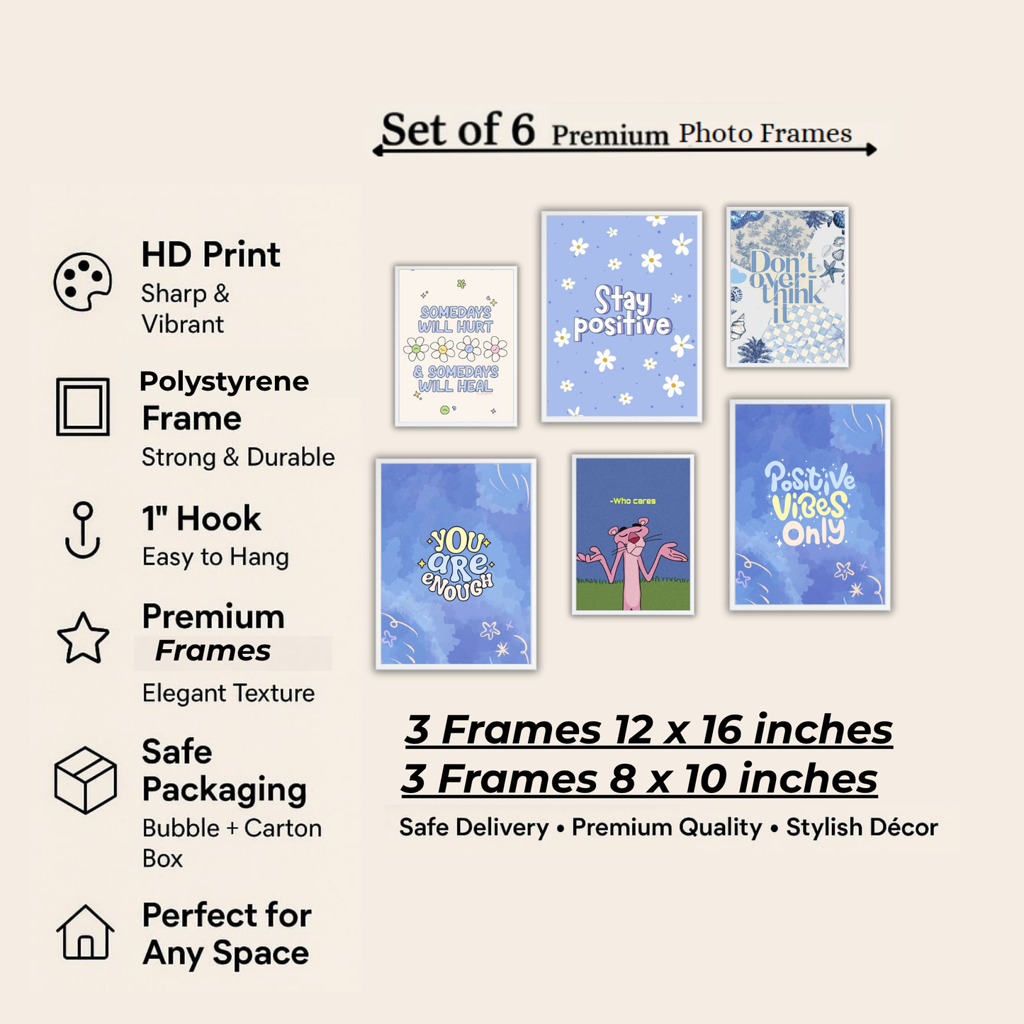 Pastel Blue Positive Vibes Wall Frame Set – Set of 6 (3 Large 13×17" + 3 Small 9×11") | Stay Positive & Self-Love Aesthetic Art Prints for Bedroom & Living Room