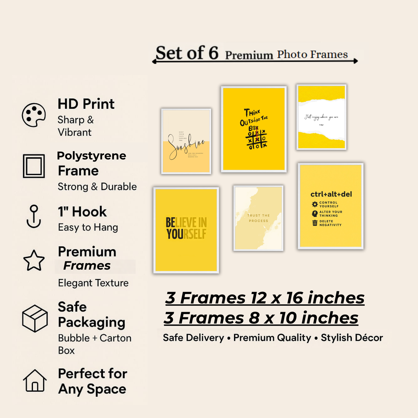 Sunshine Believe Wall Frame Set – Set of 6 (3 Large 13×17" + 3 Small 9×11") | Yellow Aesthetic Motivational Art Prints for Bedroom & Living Room